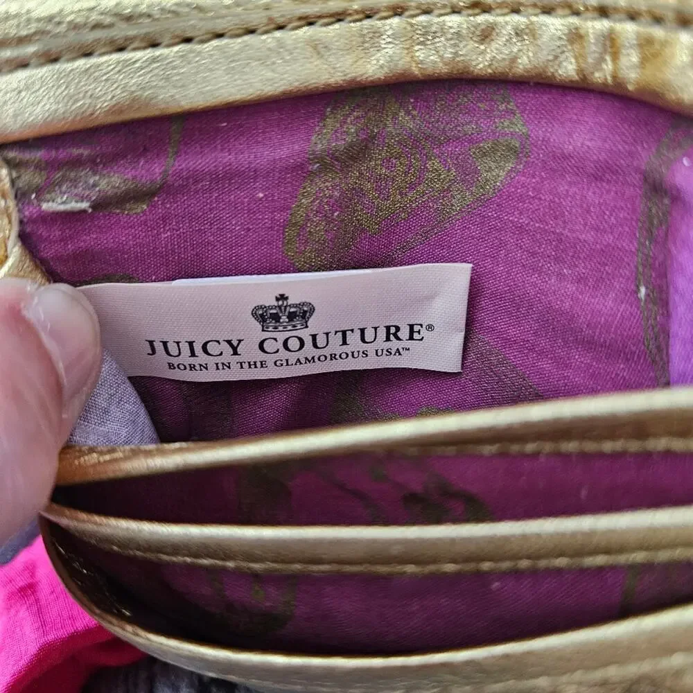 Juicy Couture Gold‎ Keychain Wallet Credit Card Slots Silver Metallic Graphic
